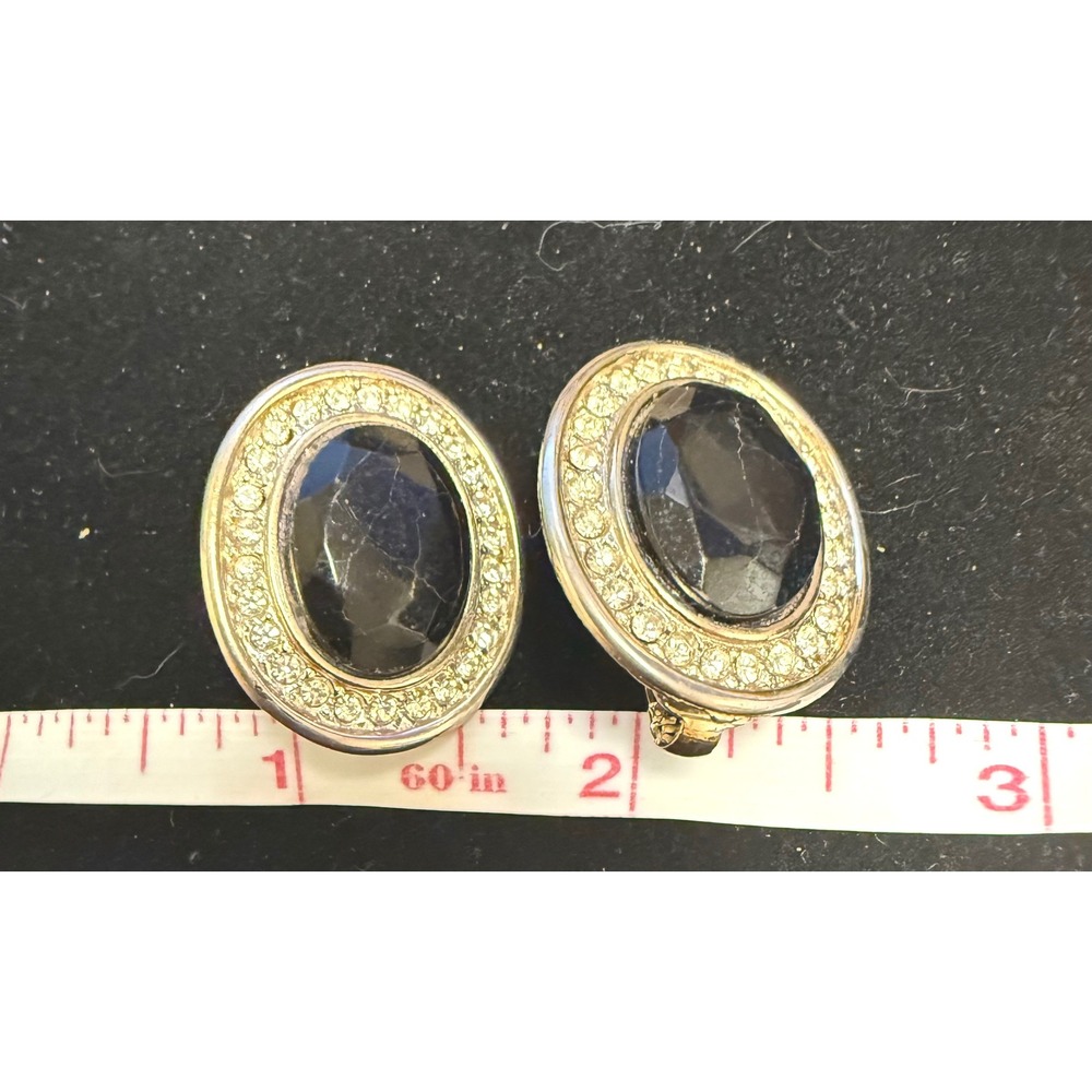 Vintage Hobe Black Faceted Oval Clip On‎ Earrings Gold Tone Rhinestone Halo